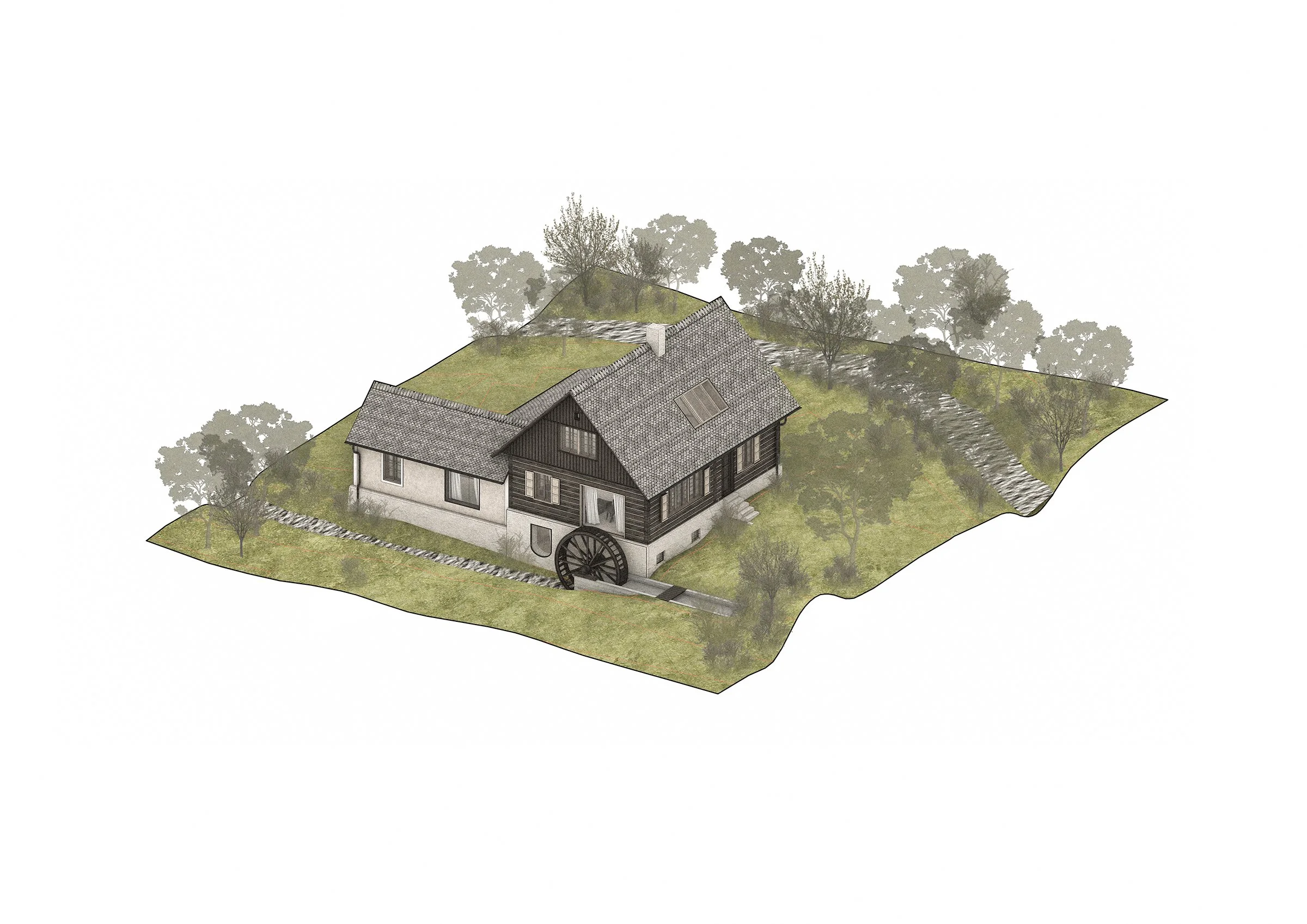 A 3D model of a house with a sloped roof, set on a landscape with grass, trees, and a stone path.