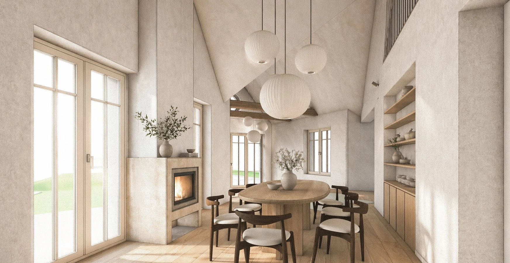 A modern dining room with a round wooden table surrounded by six chairs, a fireplace with a mantle decorated with plants, large windows letting in natural light, spherical hanging pendant lights, and built-in shelving with dishes, all in neutral tones and light wood accents.