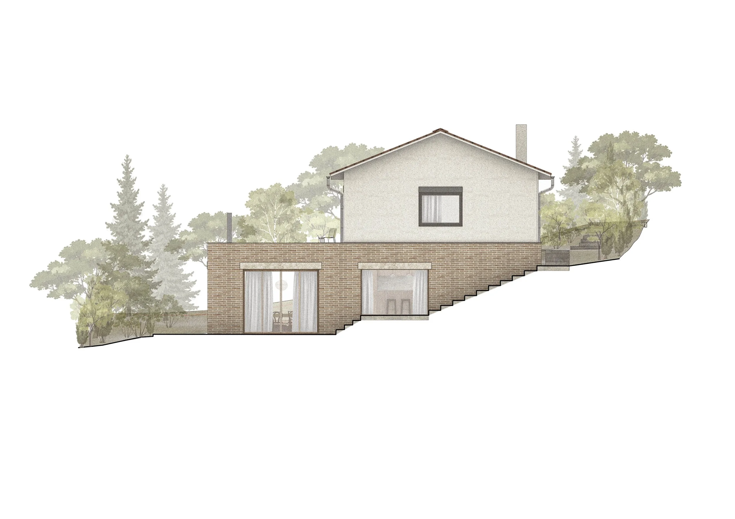 Side view of a modern house with a brick lower level and a stucco upper level, located on a hillside with trees in the background.
