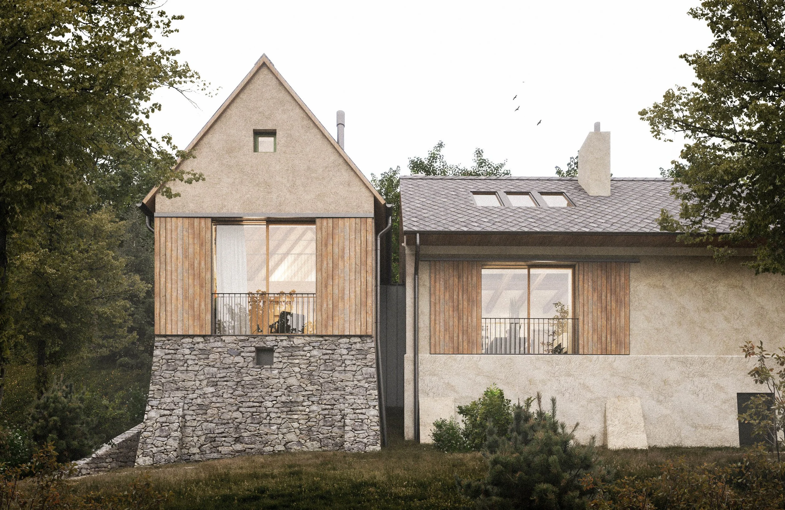 Modern house with a combination of stone, wood, and stucco exterior, large windows, and a tiled roof, surrounded by trees.