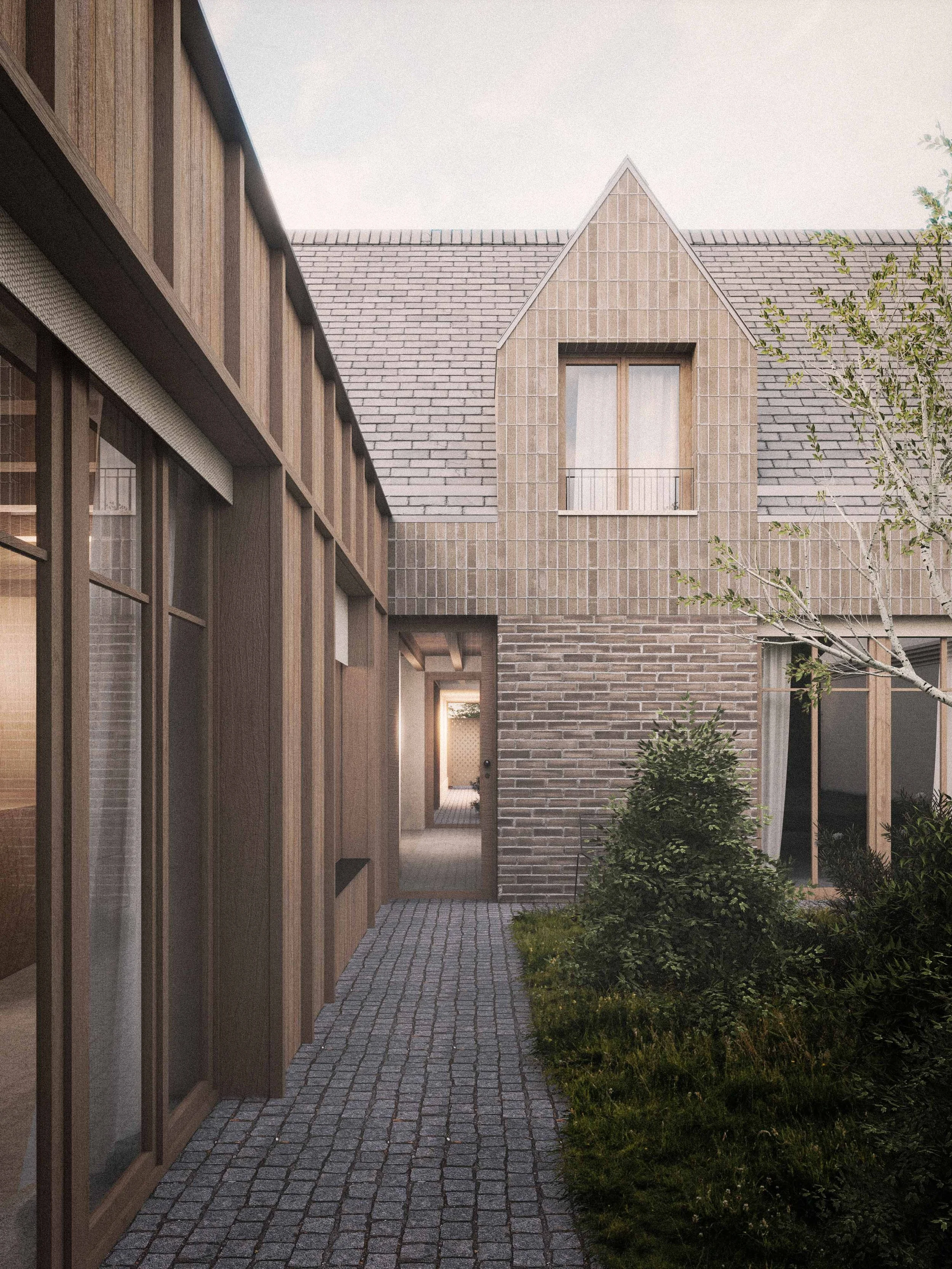 A modern residential building with a mix of wooden and brick exterior, cobblestone walkway, and greenery.
