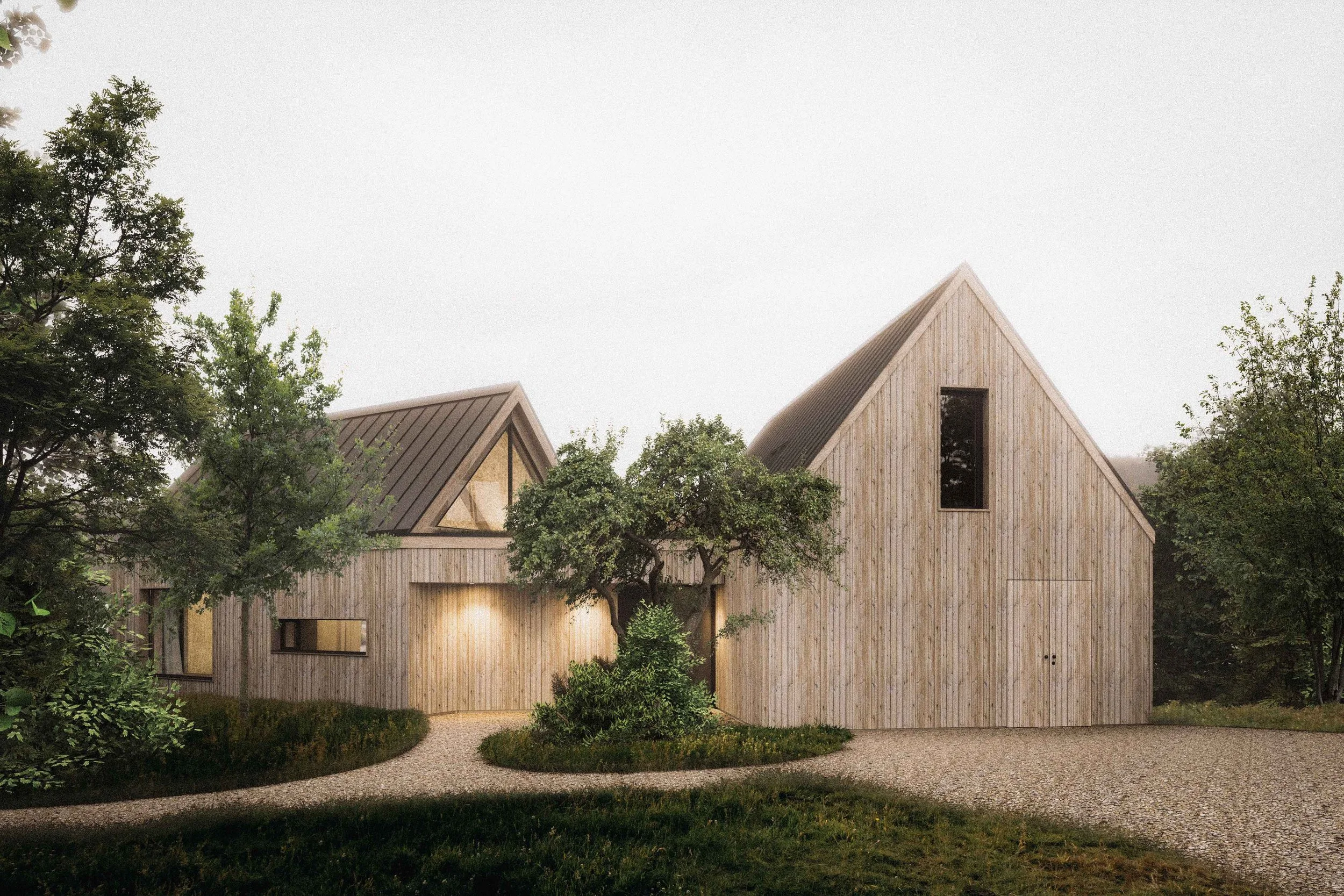Modern wooden house with pitched roof and large windows, surrounded by trees and a gravel pathway in a lush, green yard.