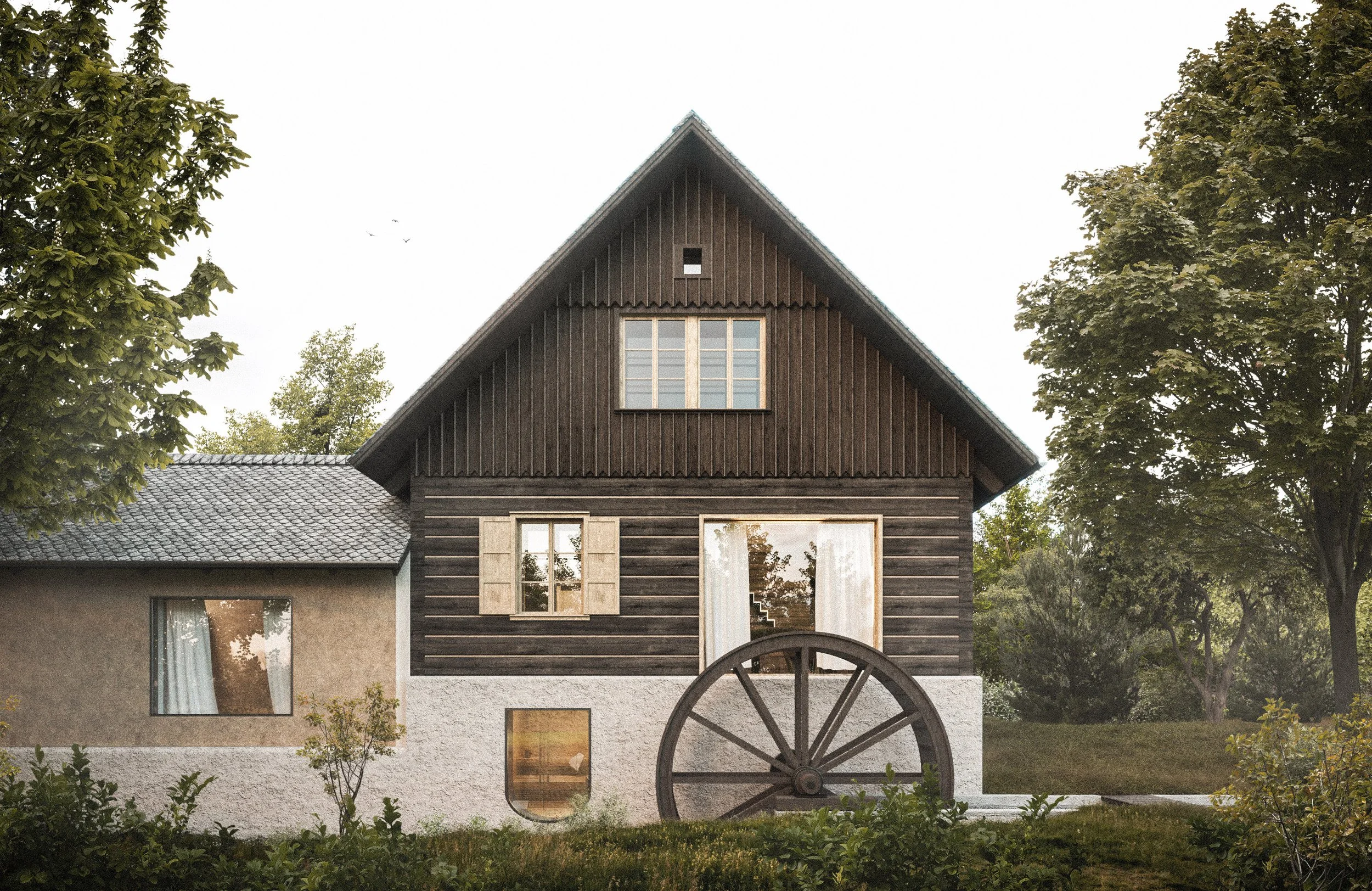 A two-story house with a wood-paneled upper level and a stucco lower level, surrounded by trees and greenery, with an old wooden wagon wheel in front.