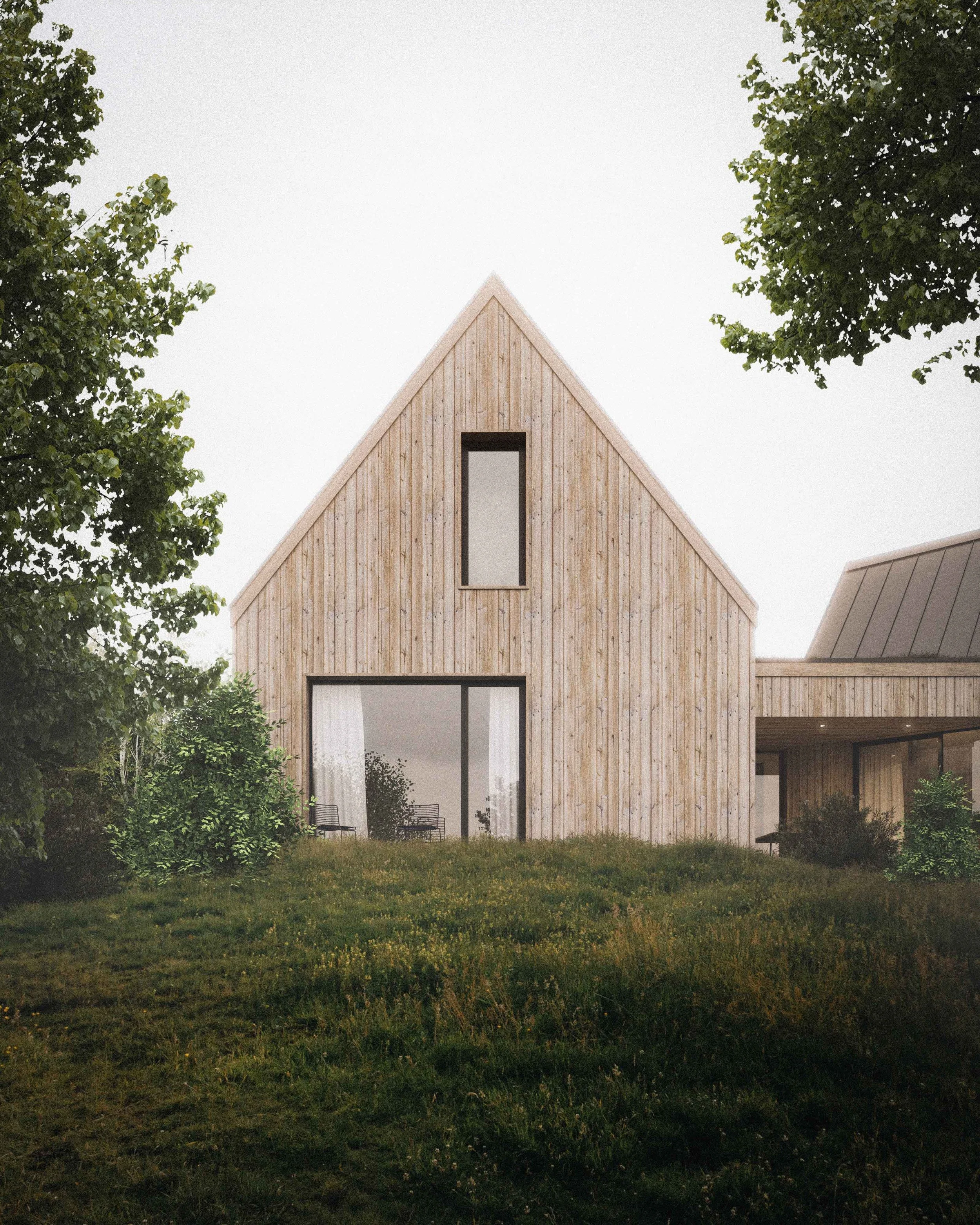 A modern house with a steep triangular wooden facade, large windows, and a grassy front yard surrounded by trees.