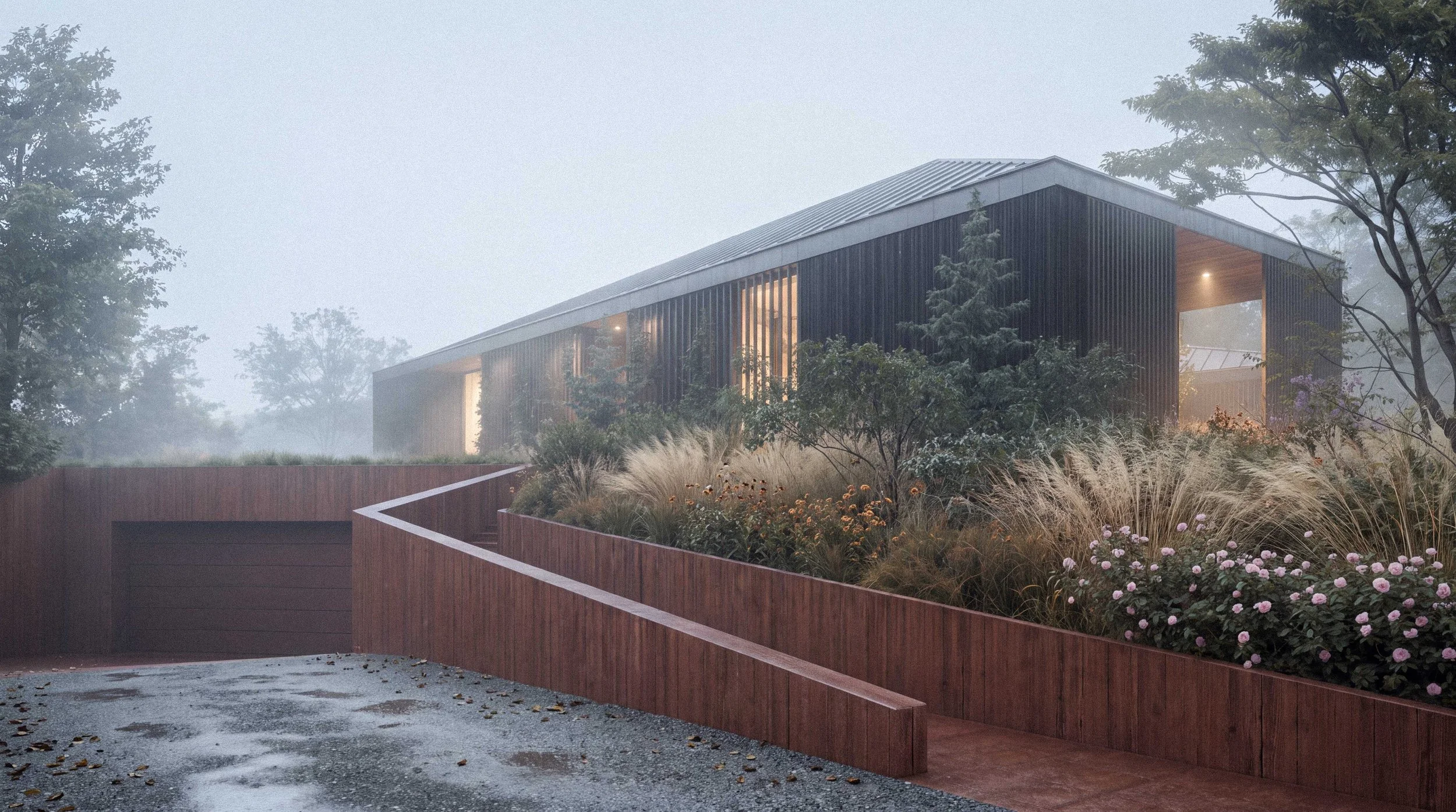 A modern house with large glass windows and dark vertical siding, surrounded by trees and plants, with a foggy atmosphere.