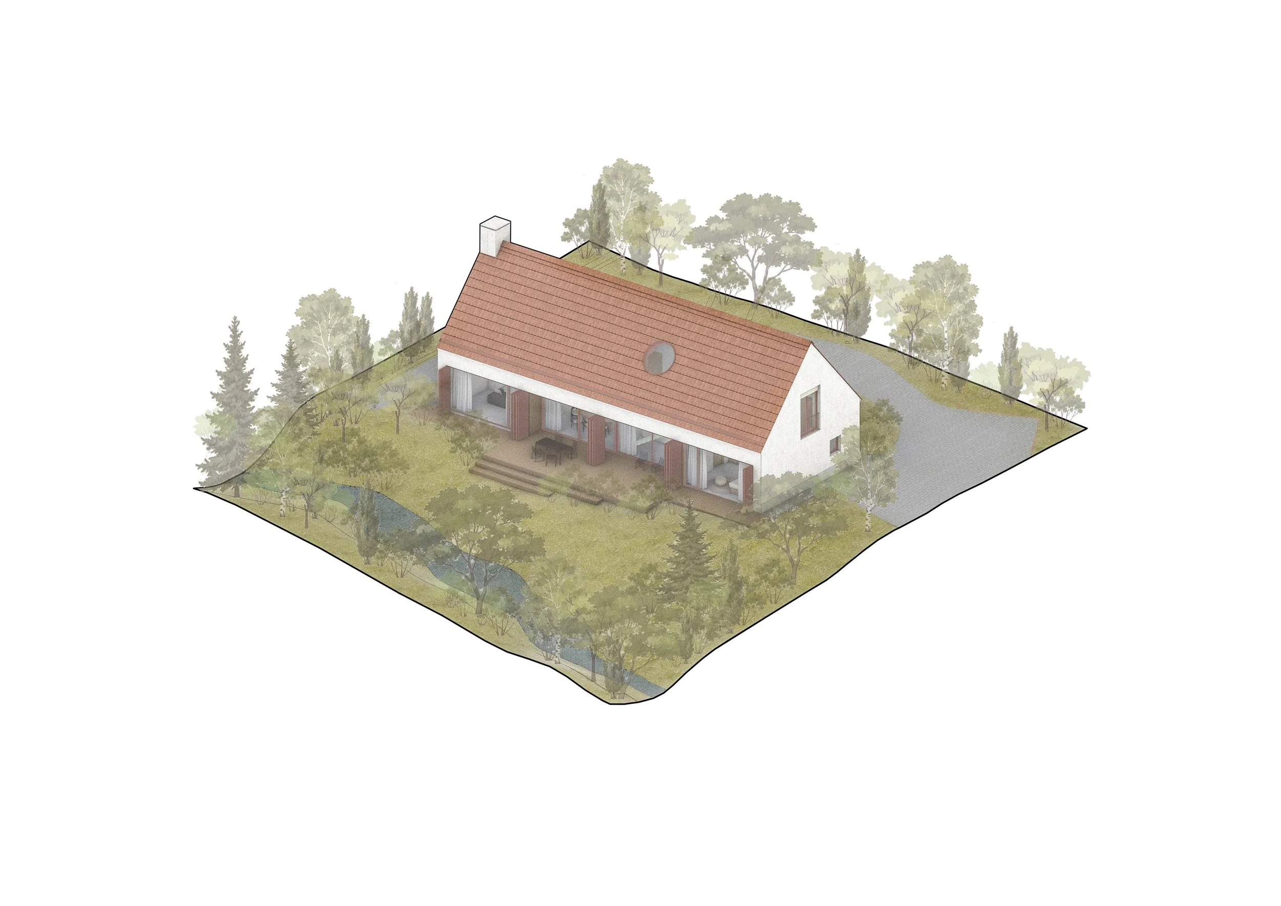 An architectural rendering of a house with a gable roof, surrounded by trees and a landscape with a driveway.