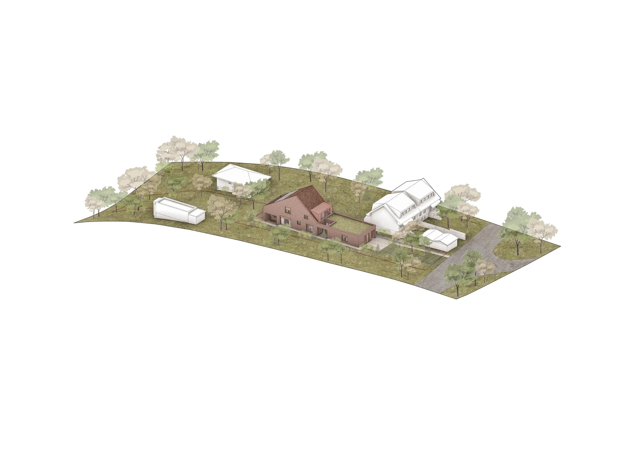 A detailed architectural rendering of a residential property with multiple buildings, trees, and landscaped areas.