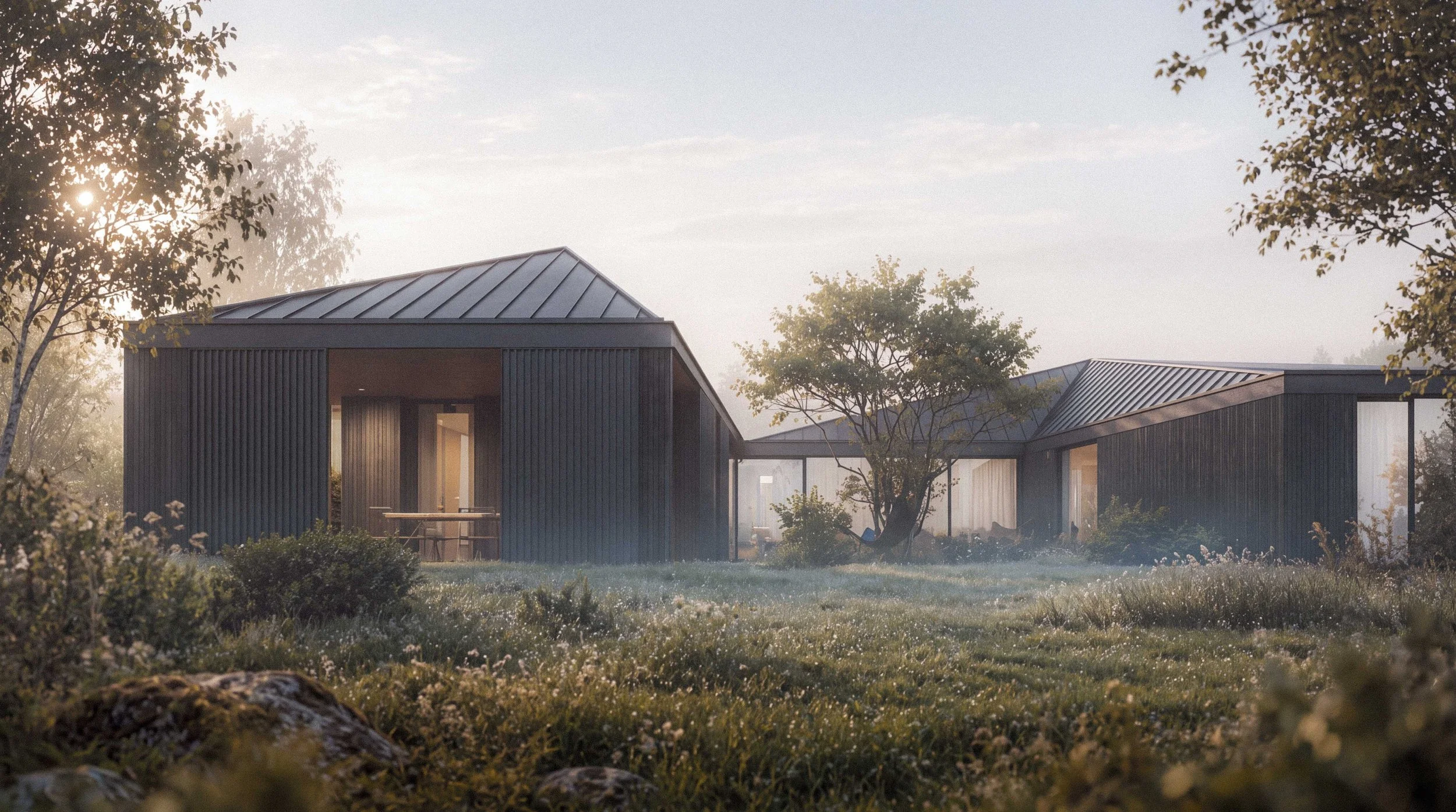 Modern houses with metal roofs amid trees, morning sunlight, and greenery.