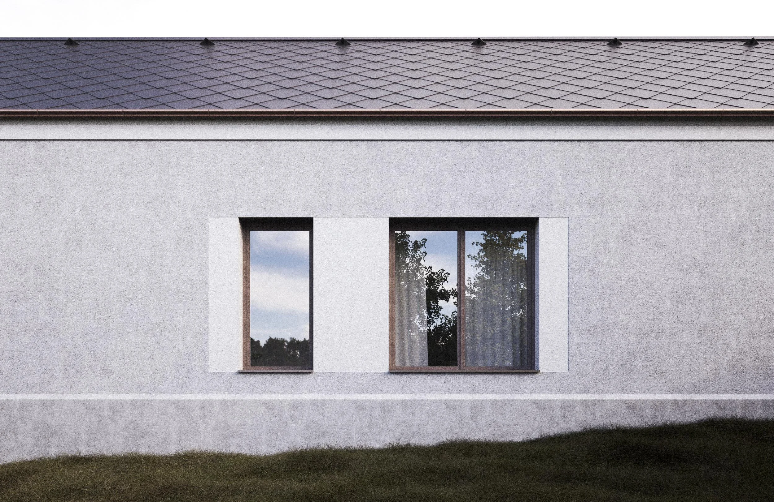 A gray house with a textured exterior wall, two large windows, and a brown tiled roof.