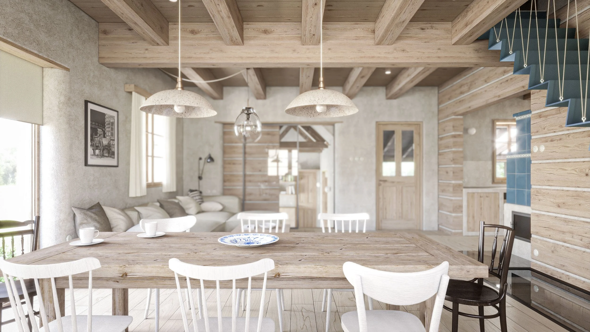 Interior view of a modern rustic living and dining area with exposed wooden beams, a wooden dining table with white chairs, and a cozy sofa near windows with curtains.