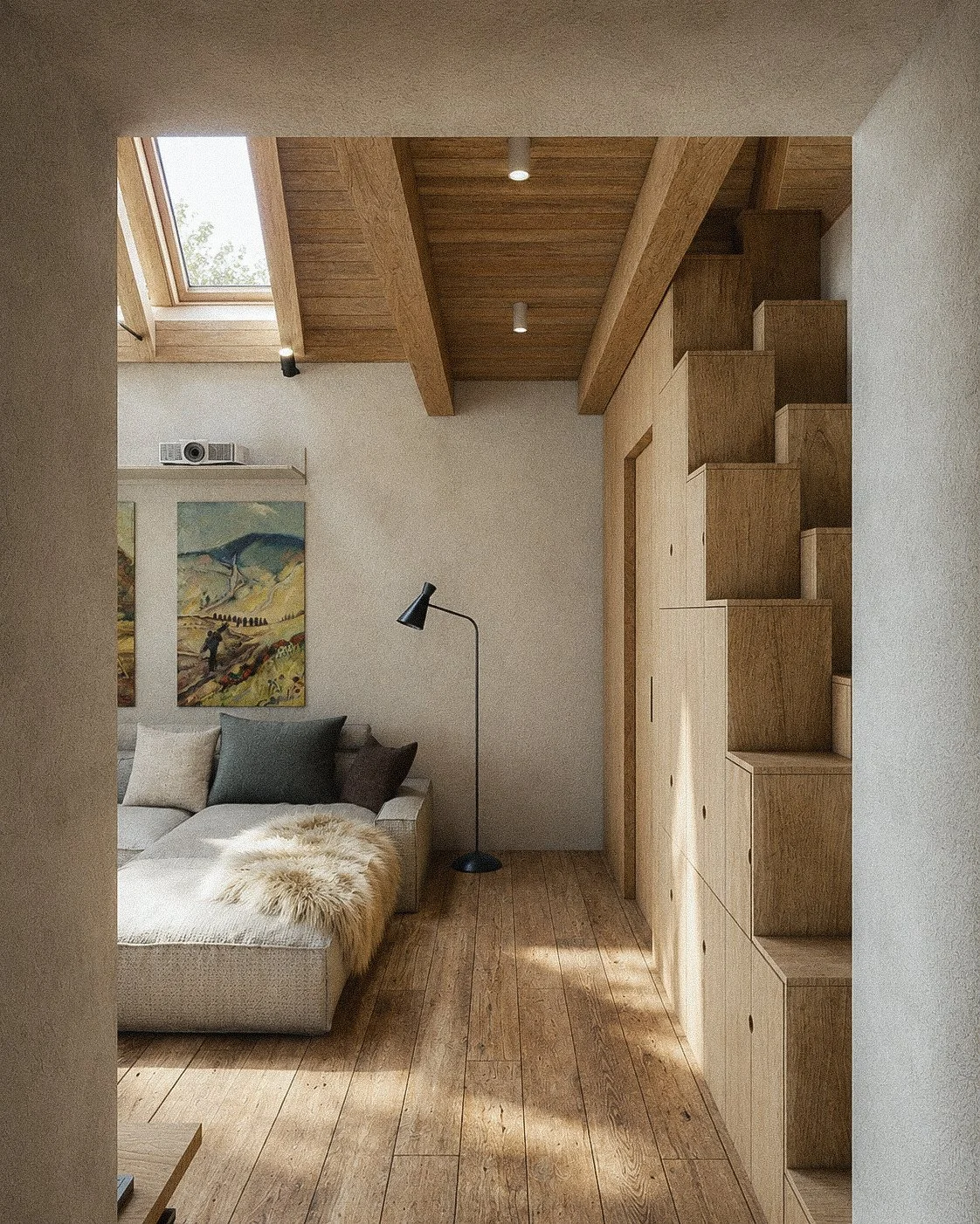Modern living room with wooden ceiling and flooring, skylight window, beige sofa with cushions and furry throw, black floor lamp, contemporary paintings, built-in wooden storage with stairs.