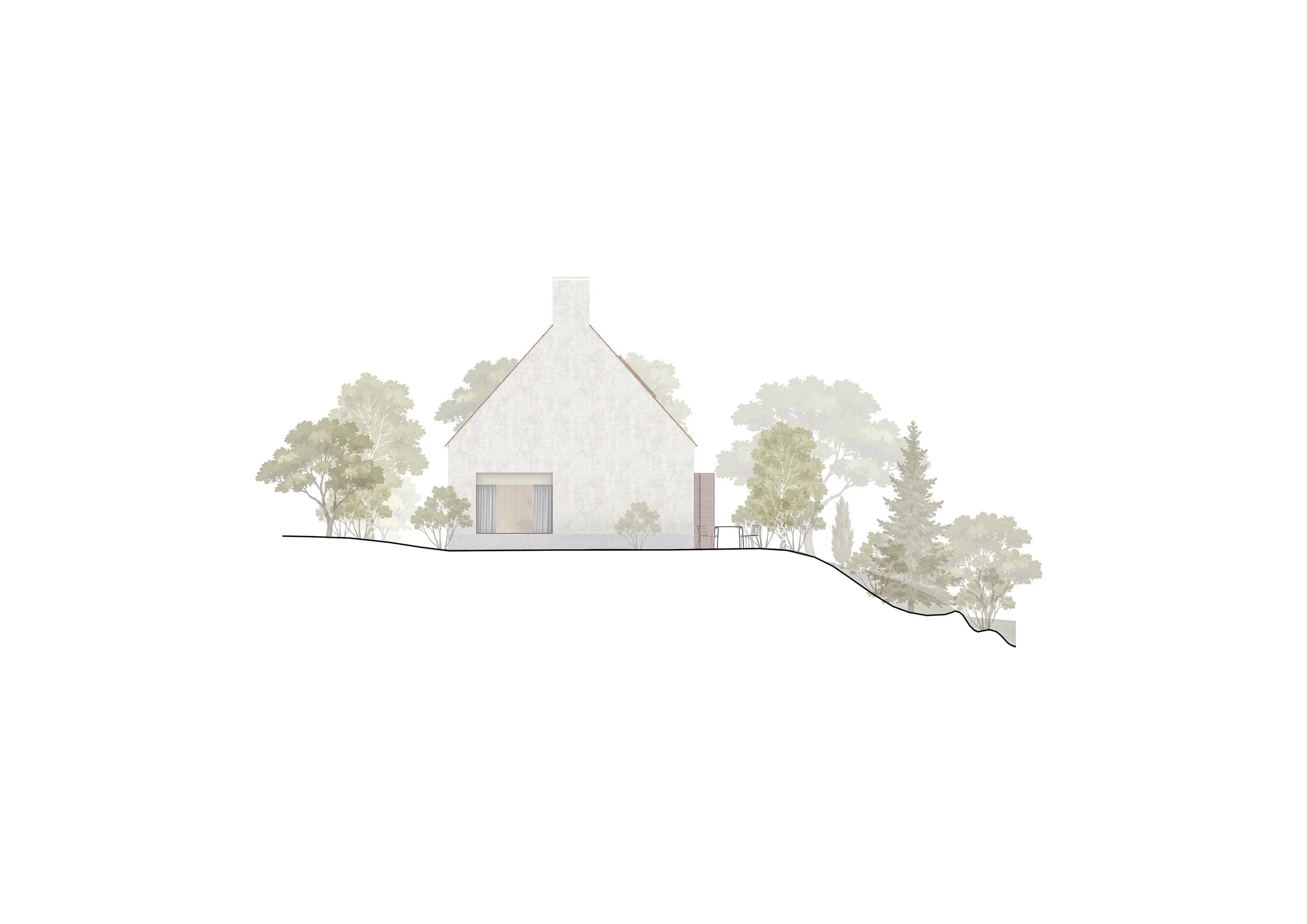 An architectural drawing of a house with a steep roof, surrounded by trees and greenery, on a sloped terrain.