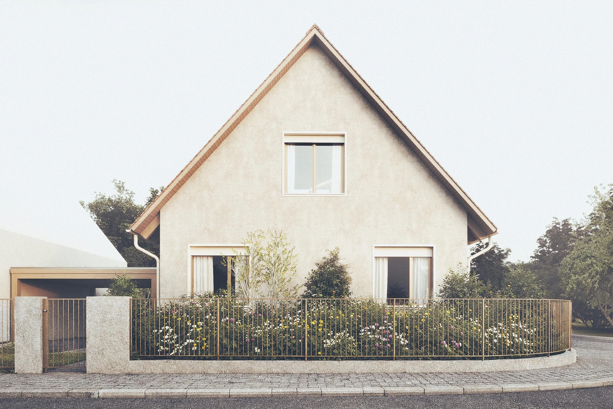 Front view of a modern house with a sloped roof, large window, and a garden with flowers and shrubs, surrounded by a fence and sidewalk.