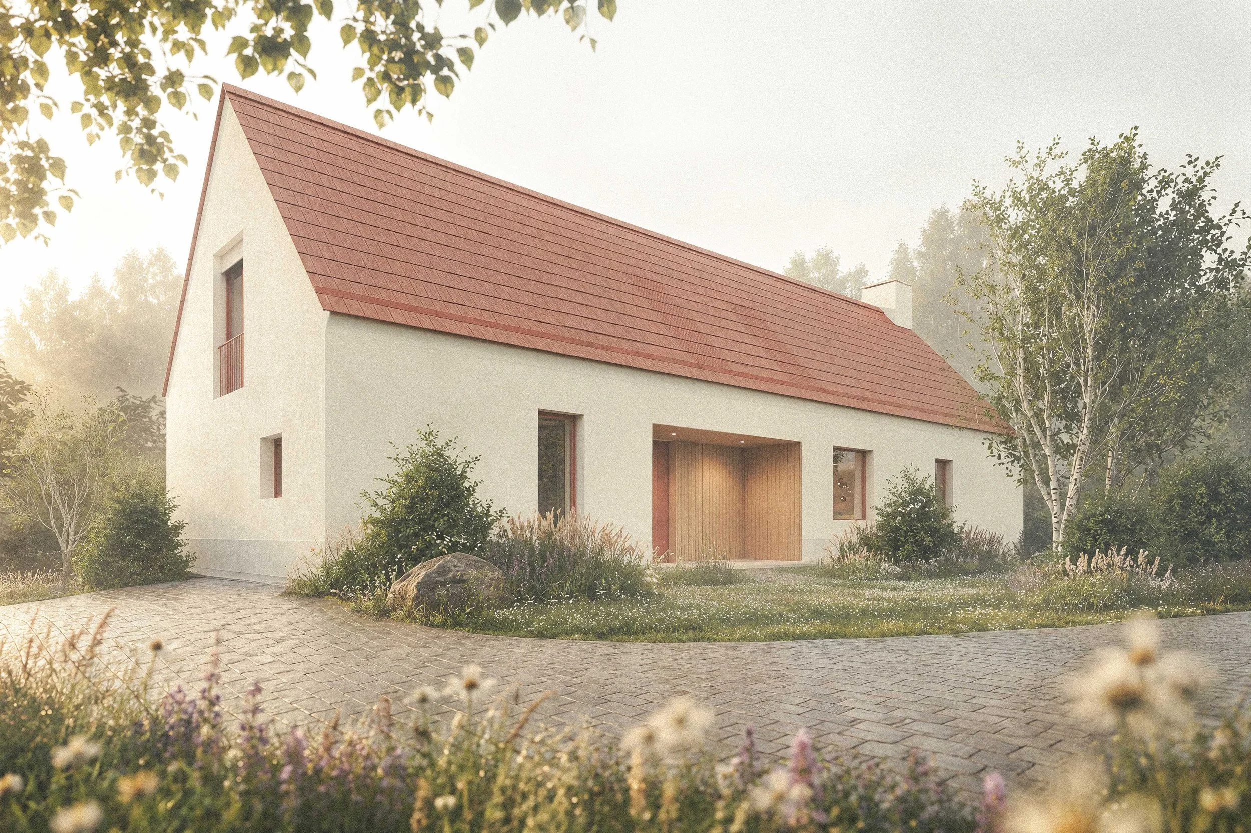 A modern house with a sloped red-tile roof, white exterior walls, and large windows, surrounded by greenery and trees.