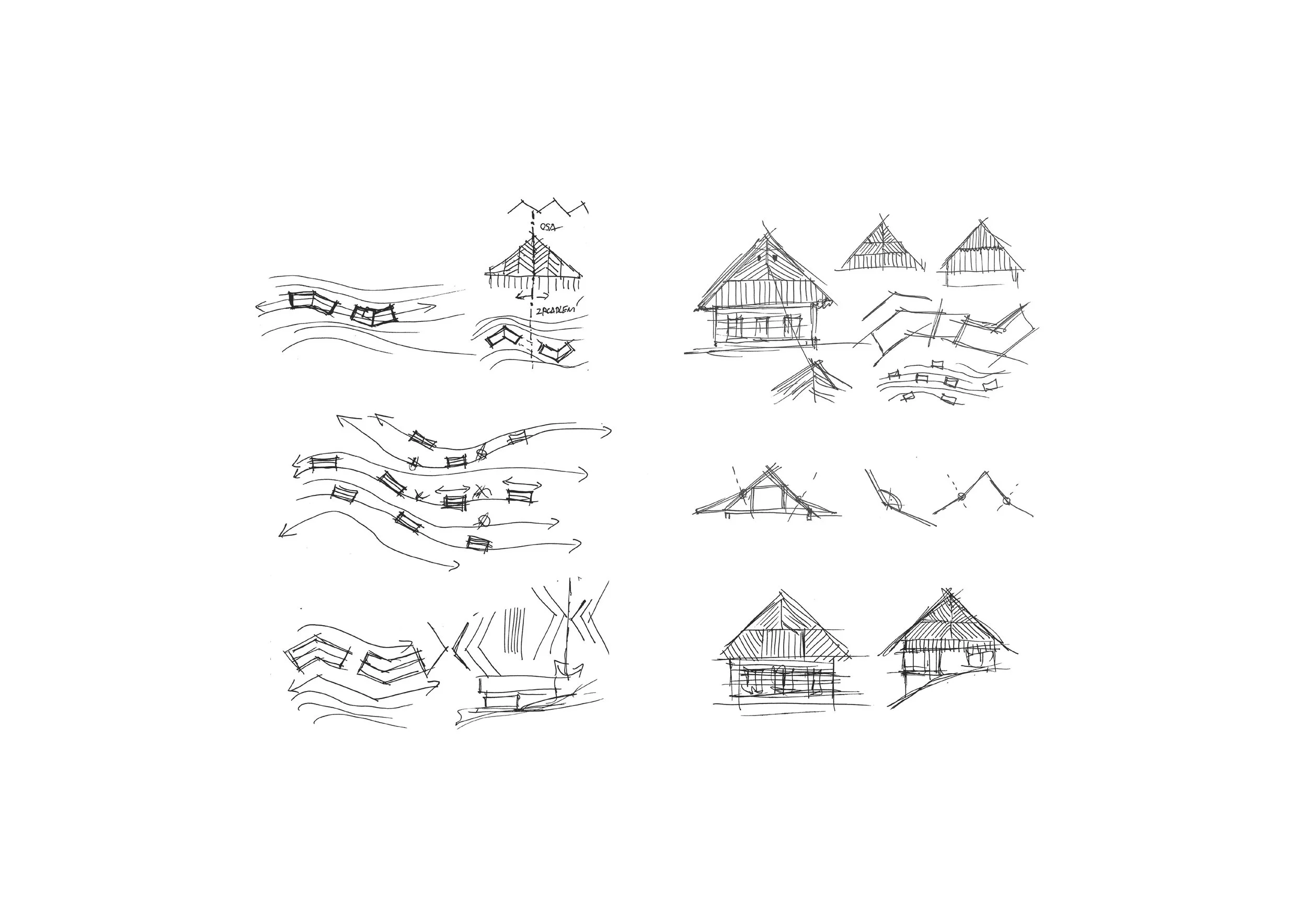 Sketches of houses and architectural designs, including various roof styles and layout plans.
