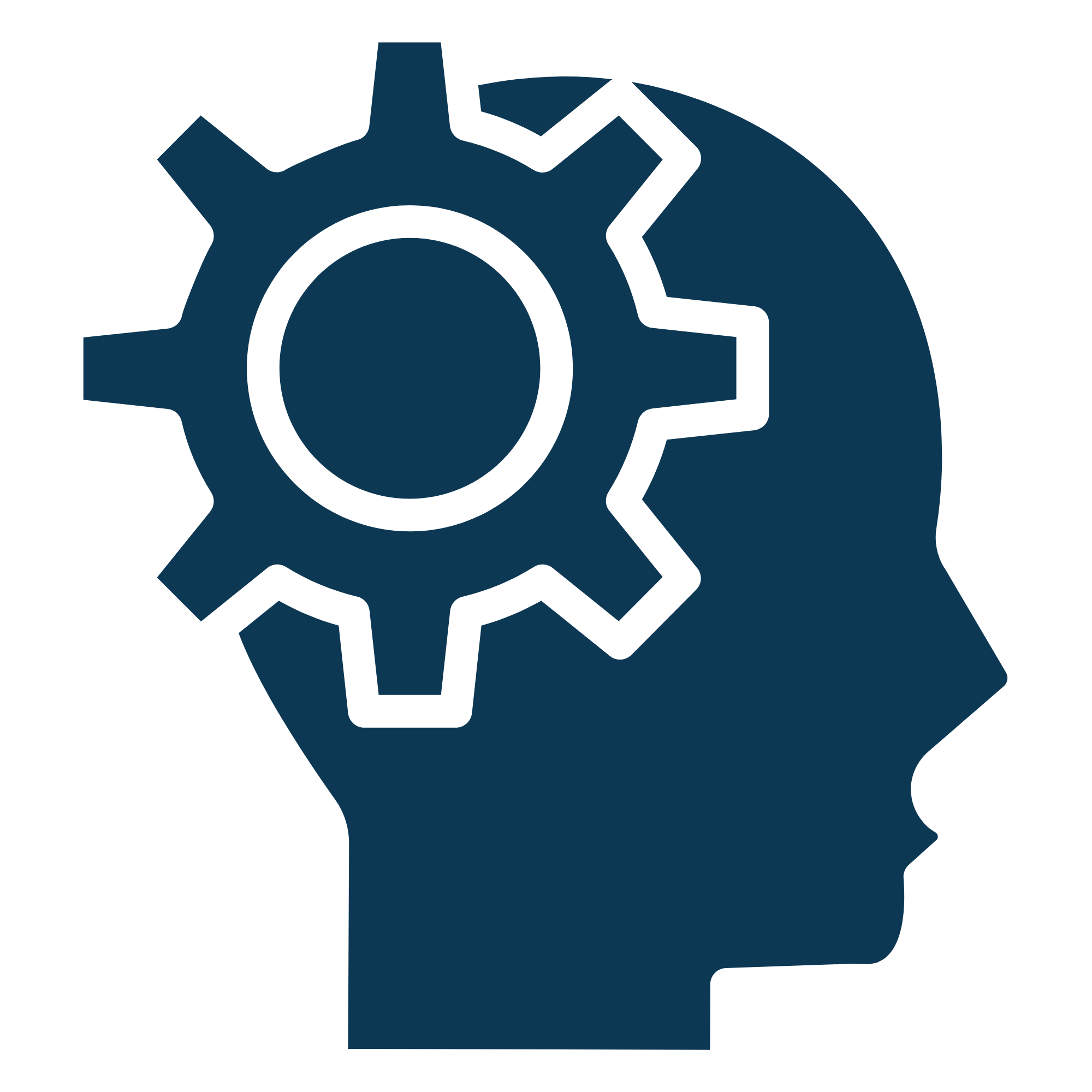 Graphic of a person holding a large gear or cogwheel, symbolizing thinking and strategy.