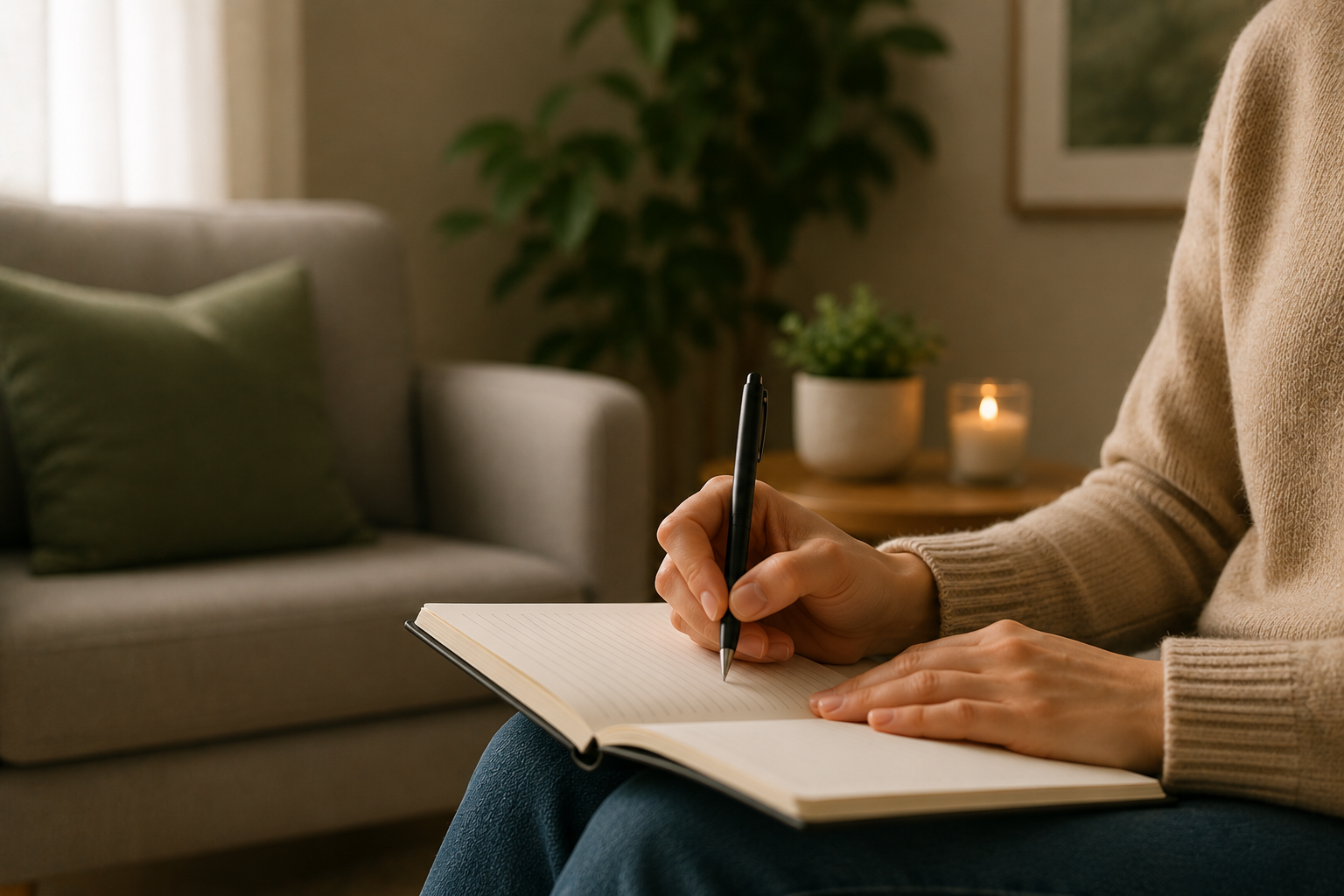 Person writing in a notebook with a pen, sitting in a cozy living room with a sofa, green pillows, a large plant, a candle, and framed art on the wall.