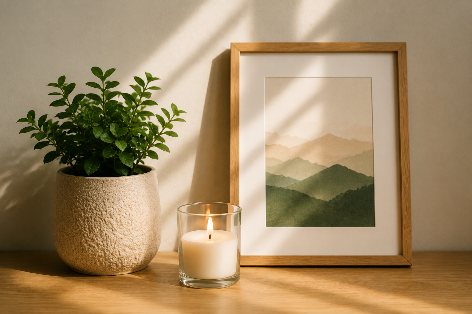 Decorative table with potted green plant, lit candle in a glass holder, and framed mountain landscape art.
