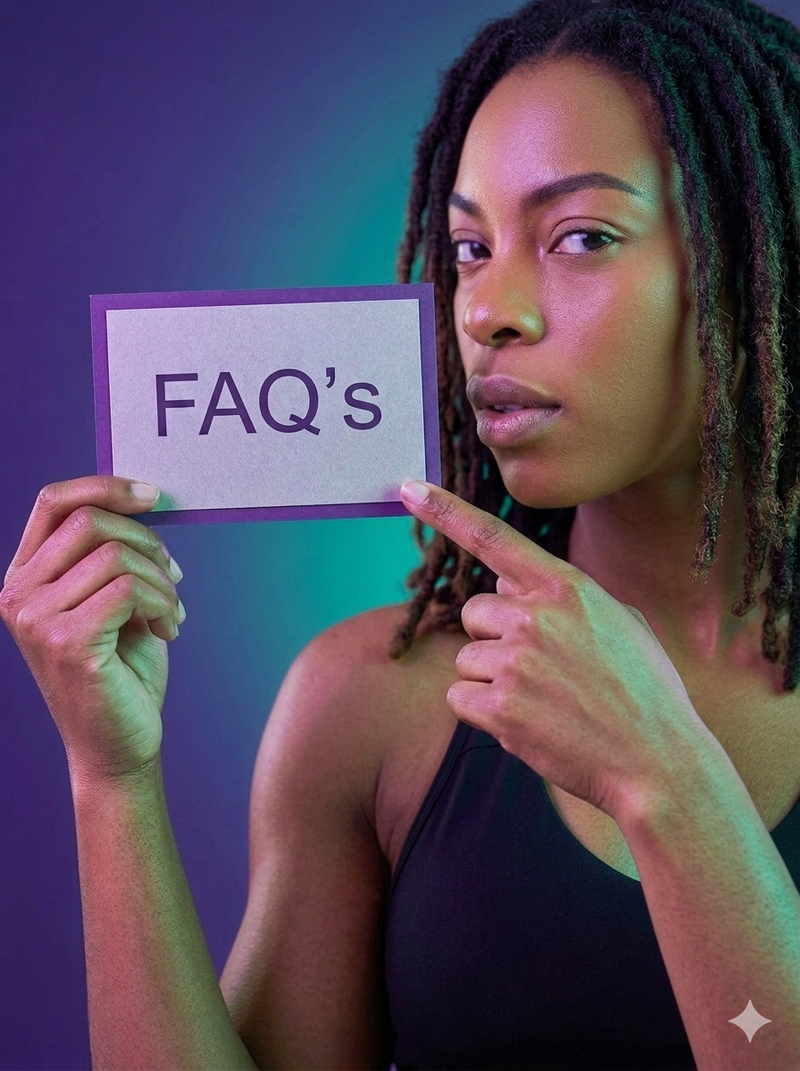 A woman with dreadlocks holding a sign that reads 'FAQ's' against a gradient background.