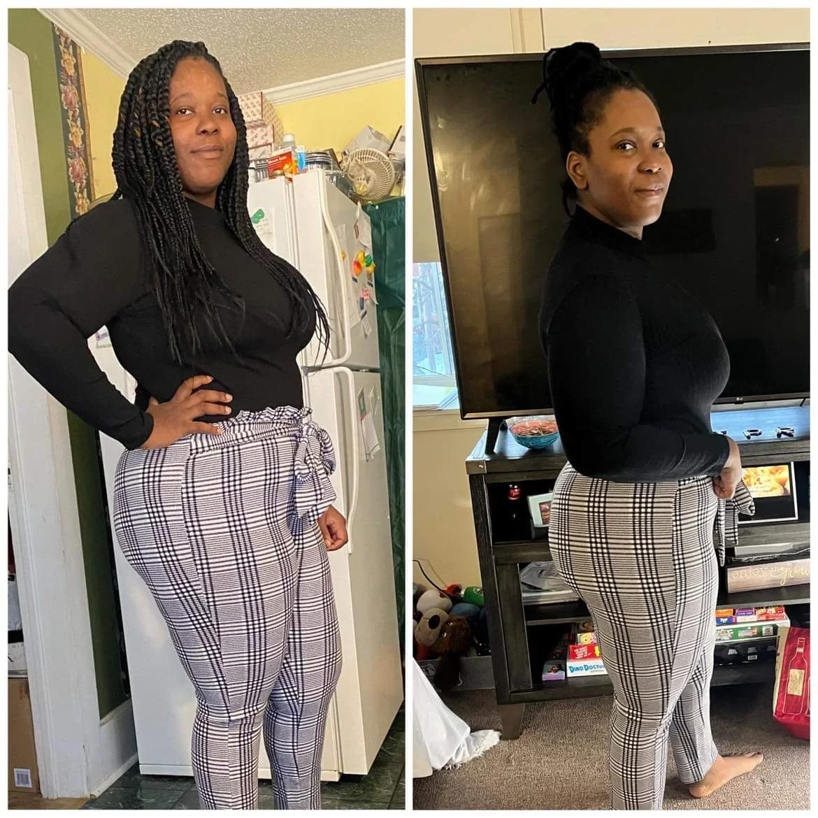 Side-by-side comparison of a woman before and after a transformation. On the left, she is standing in a kitchen, wearing a black top and plaid pants. On the right, she is in a living room, wearing the same plaid pants but a black top, with her hair s