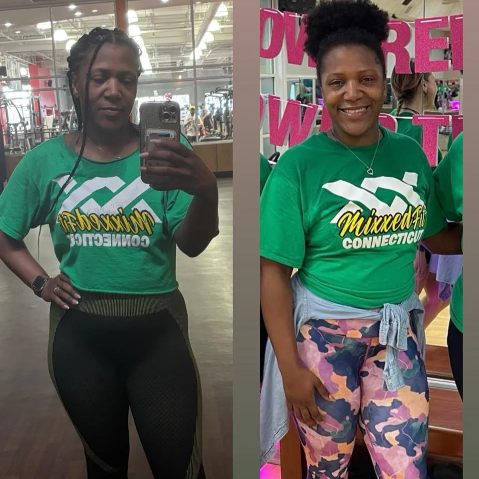 Side-by-side photos of a woman in a gym and at an event, both wearing green 'Mixed Fit Connecticut' t-shirts. In the gym photo, she is taking a mirror selfie, wearing black and green workout leggings, and has her hair in braids. In the event photo, s