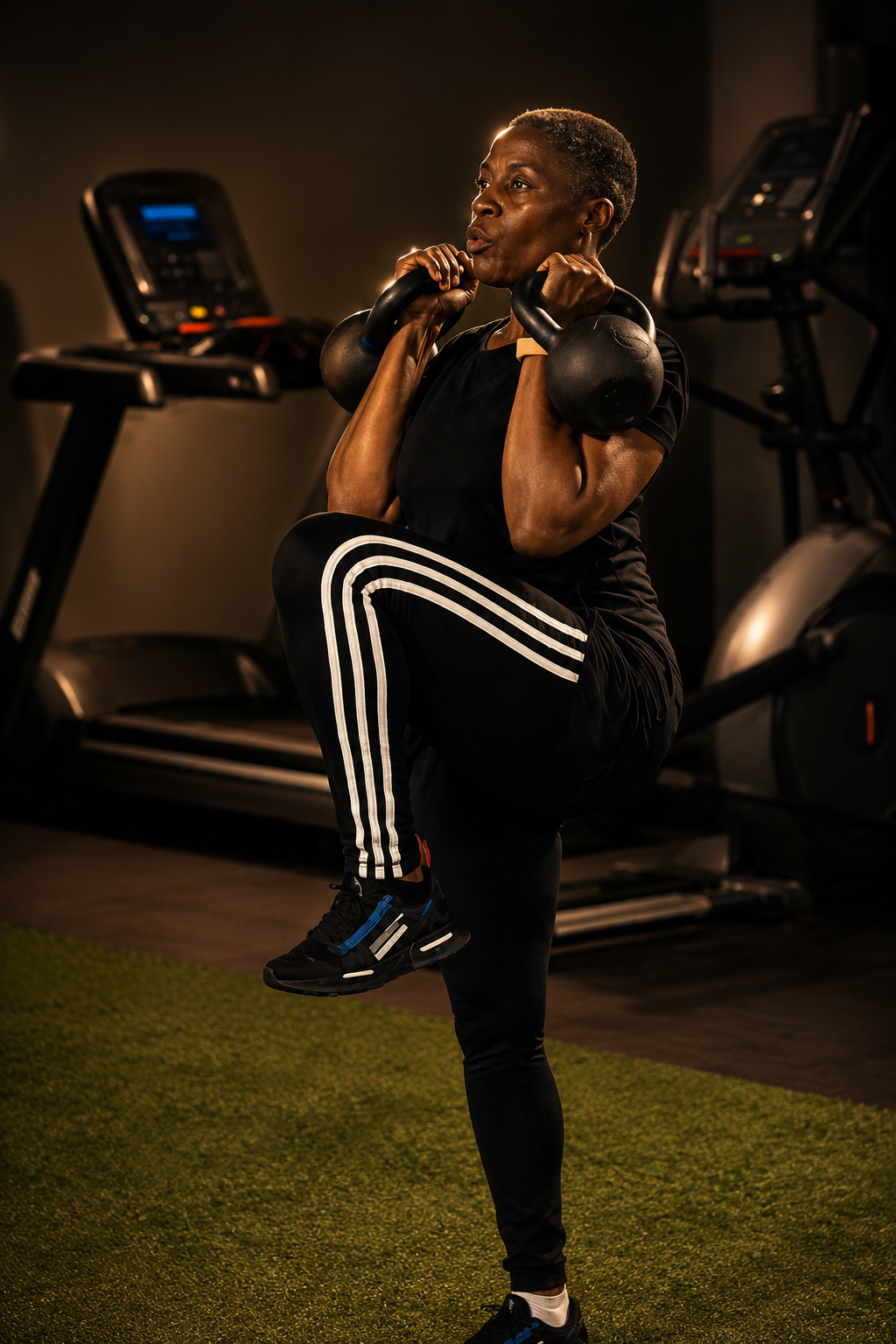 An older woman doing a squat with a kettlebell on her shoulders at the gym.