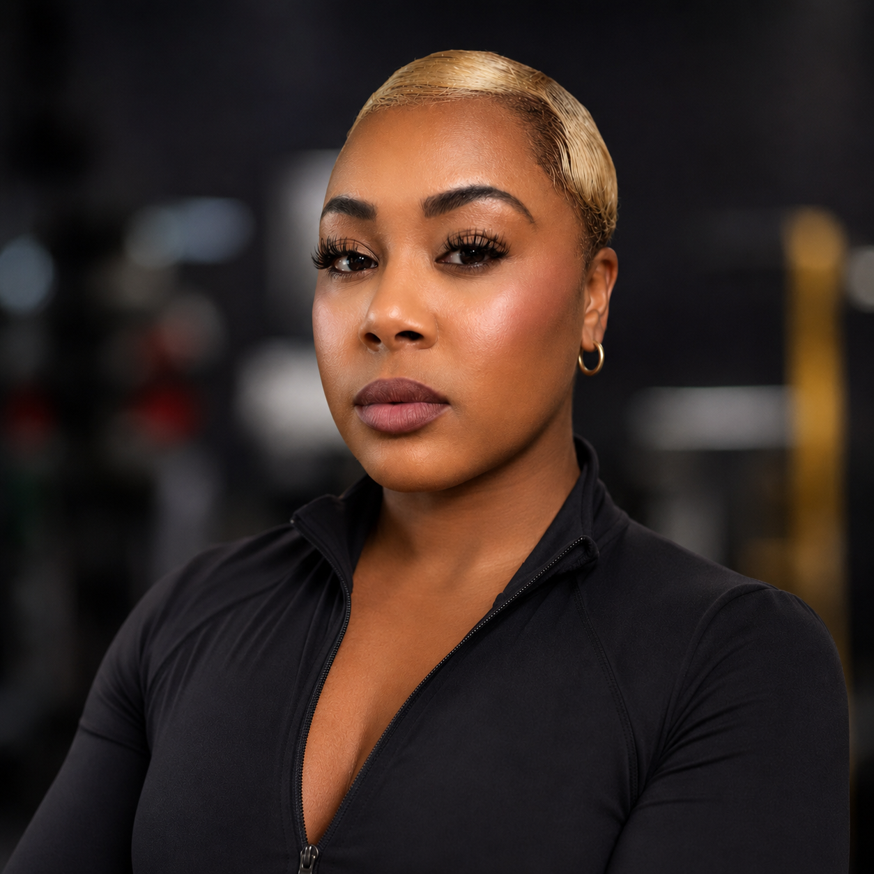 A confident woman with short platinum blonde hair, wearing a black athletic top, standing in a gym with blurred equipment in the background.