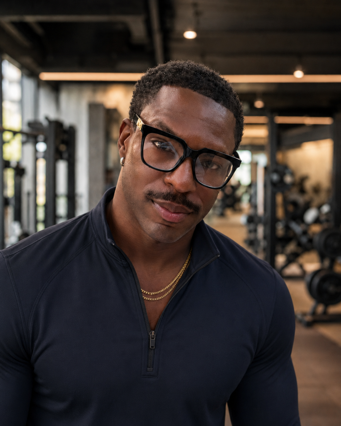 A man with dark curly hair, glasses, and a mustache wearing a navy athletic jacket and gold chains in a gym.