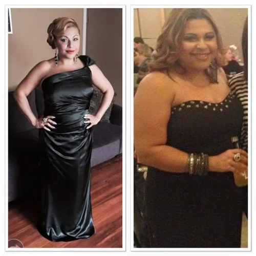 Side-by-side photos of a woman in a black formal gown with jewelry, posing confidently and smiling.