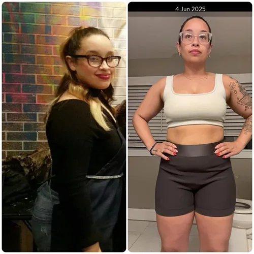 Side-by-side photos of a woman before and after fitness transformation, with the before on the left and the after on the right, taken in different settings.