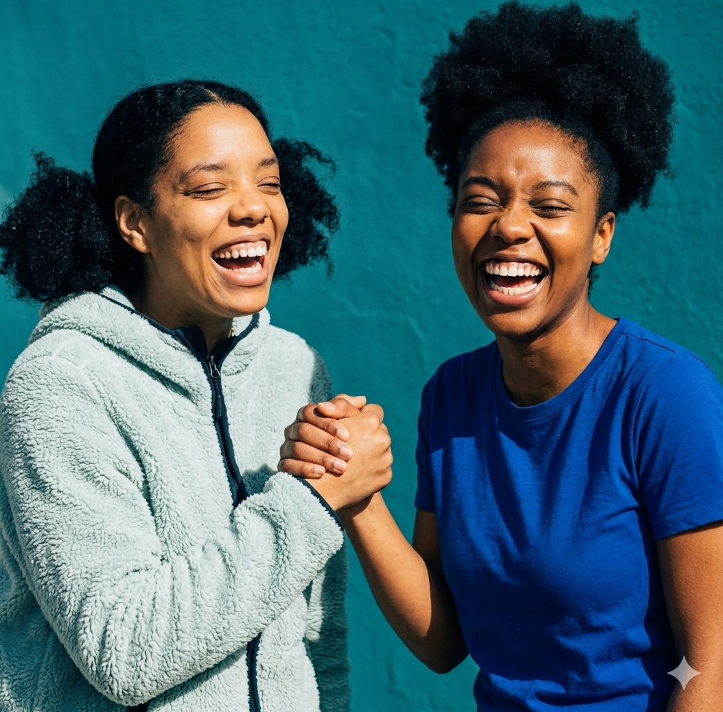 Two women are smiling and laughing while holding hands in a friendly handshake. One is wearing a light-colored fleece jacket, and the other is in a blue t-shirt, standing against a teal background.