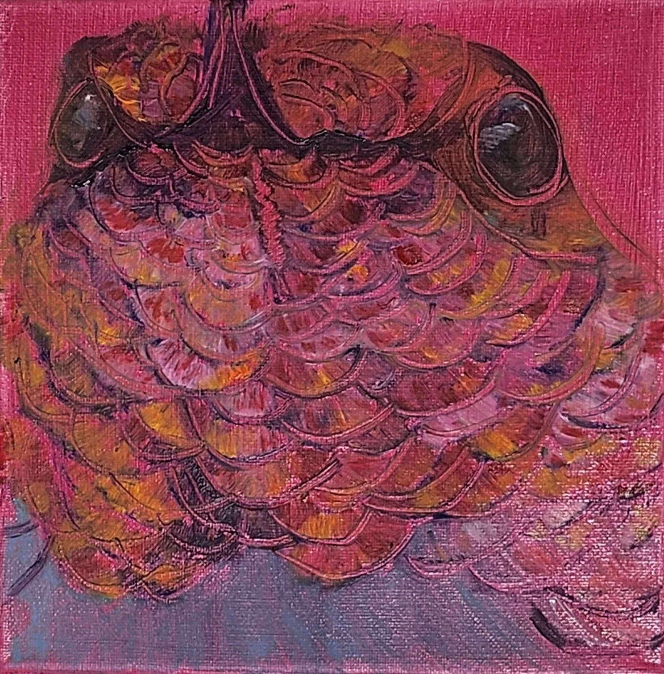 Abstract painting of a flower with rounded, petal-like shapes in pink, yellow, and black, on a pink background.