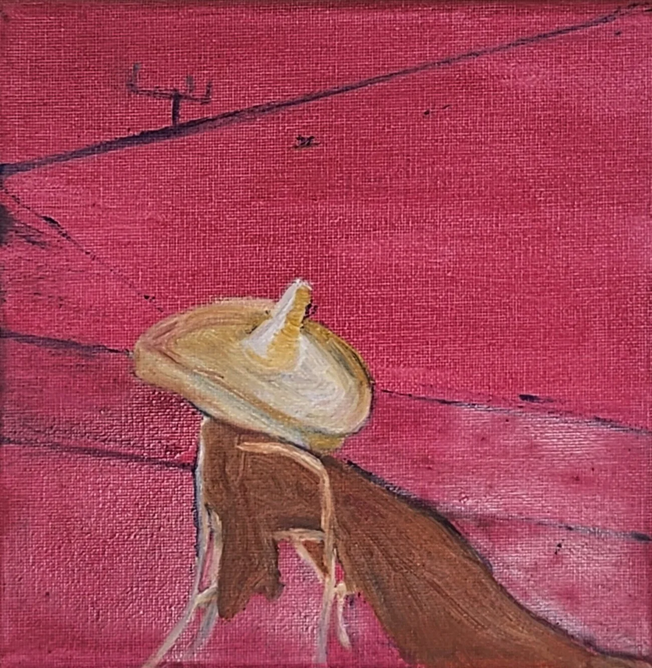 A painting of a moth on a pink textured background with black lines.
