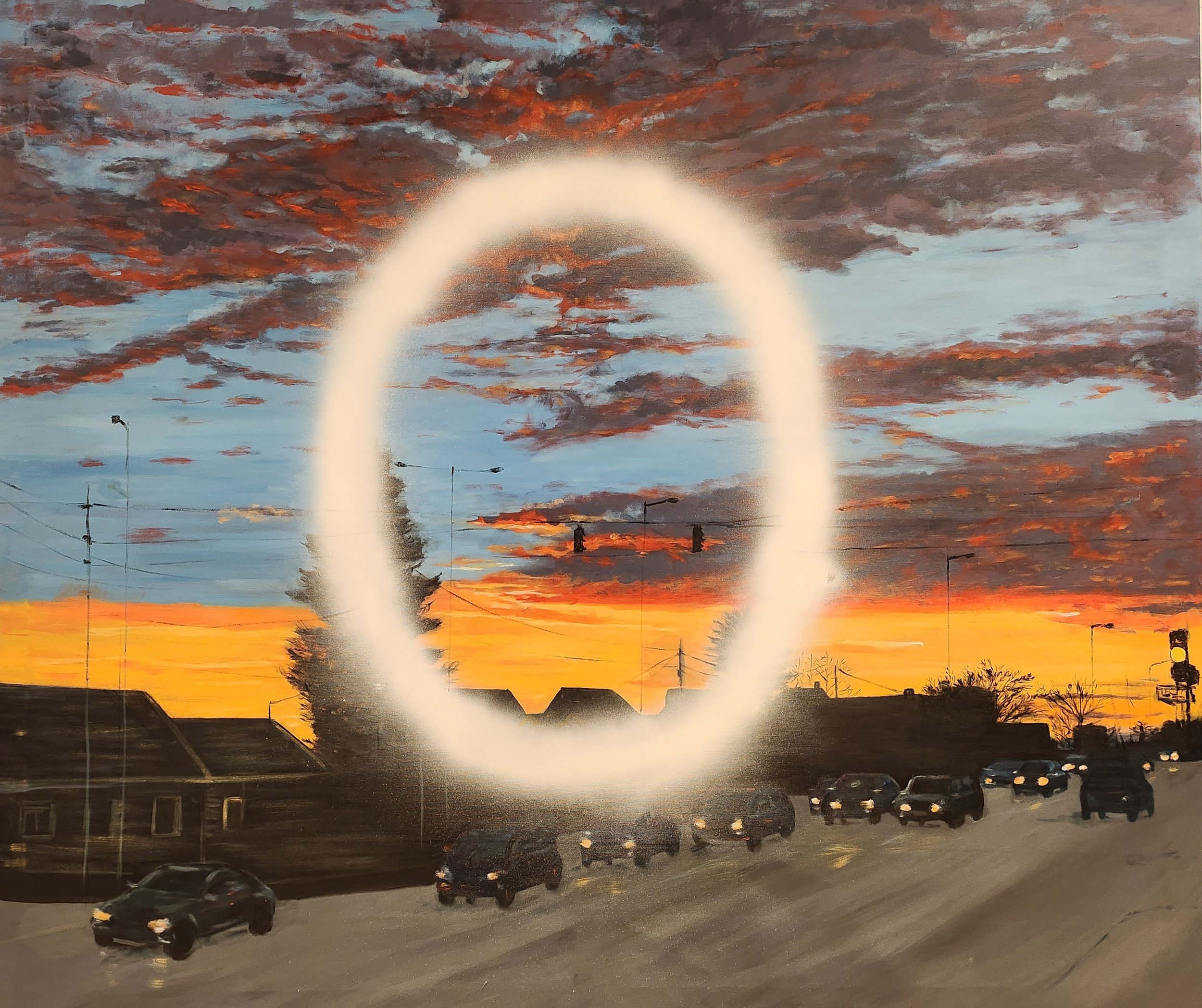 Painting of a sunset sky with clouds in shades of orange, red, and gray. The lower part depicts cars in a parking lot with streetlights, and a water fountain in the center, with a bright glow creating a halo effect around it.
