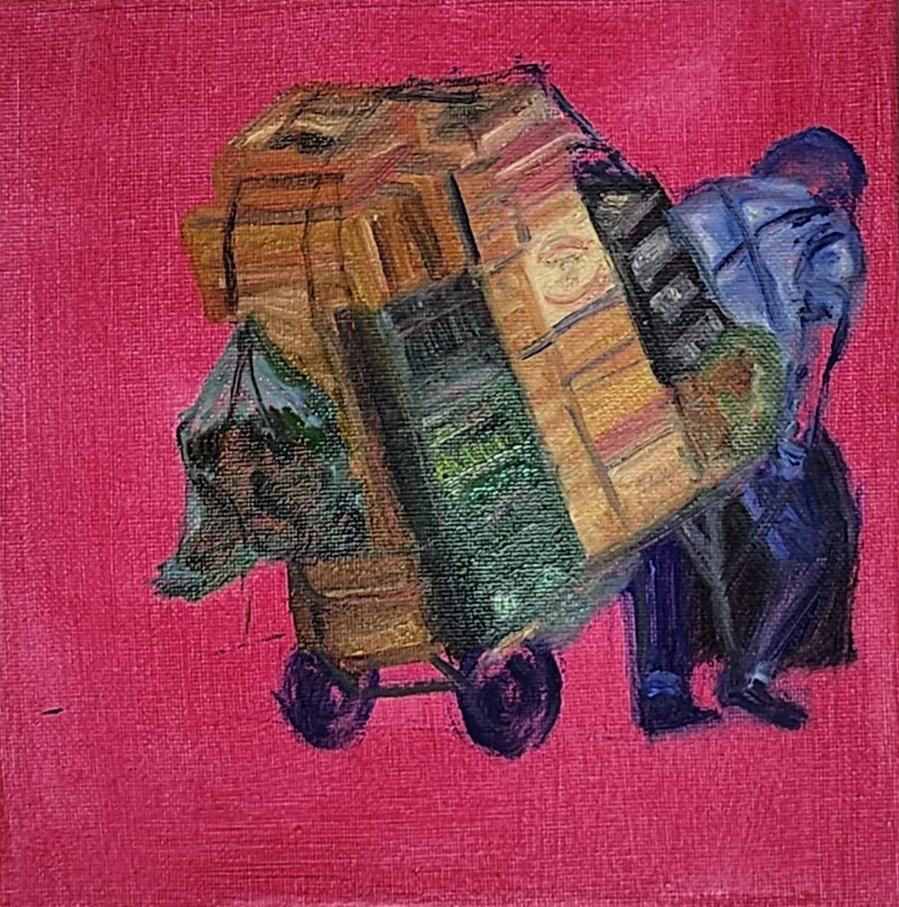 Painting of a black donkey with a roll of packed luggage on its back, set against a pink background.