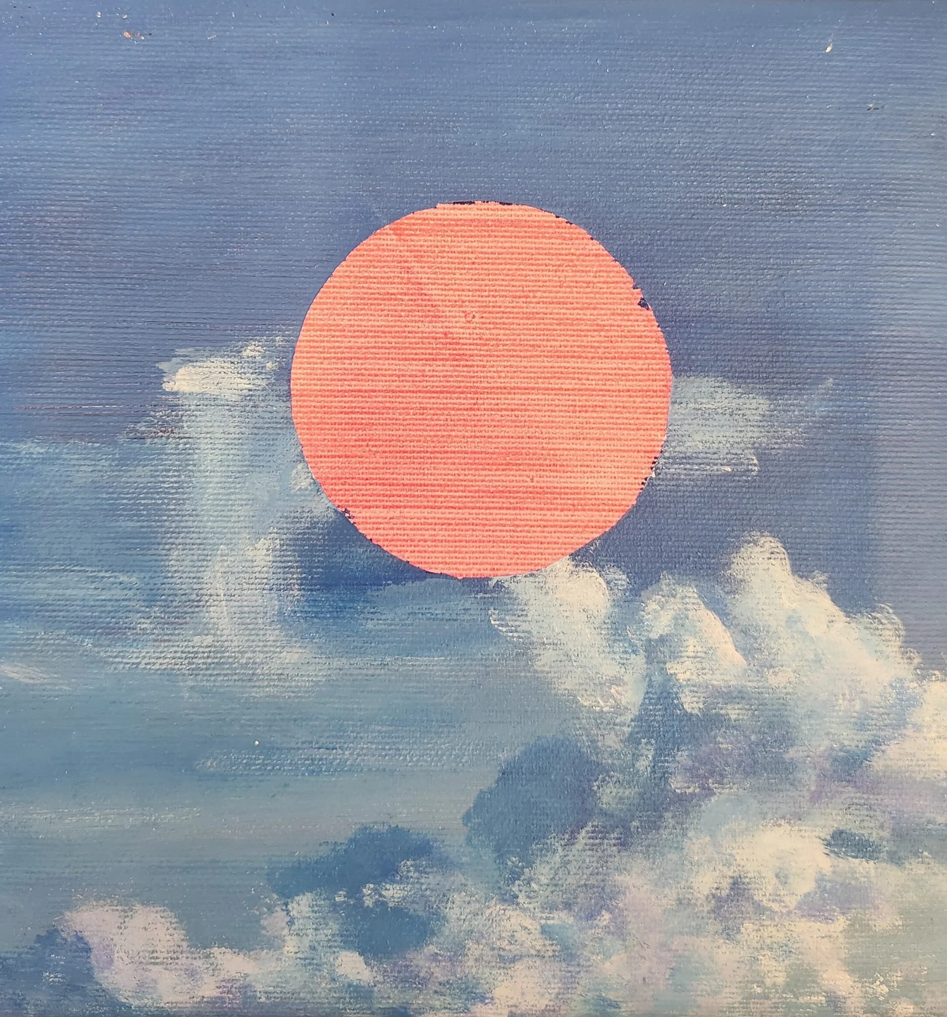 Painting of a large pink sun against a blue sky with white clouds.
