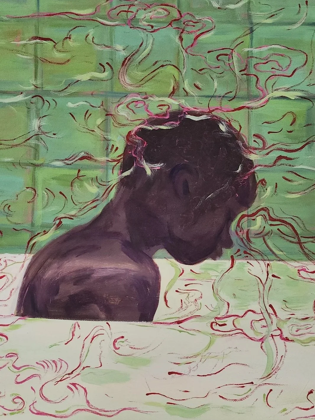 A painting of a young person with dark skin and curly hair, viewed from the side, surrounded by swirling pink and red lines against a greenish background.