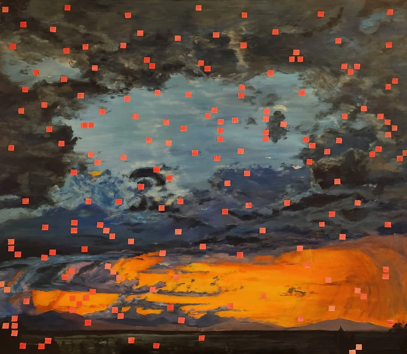Painting of a dark stormy sky at sunset with dark clouds and a glowing orange horizon.