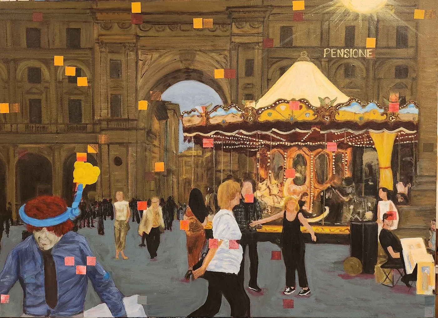 Painting of a lively city square with a carousel and people walking. A building with an arch and the sign 'Pensione' can be seen in the background.