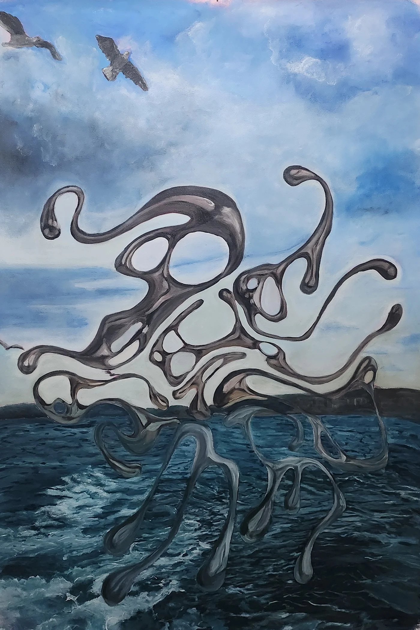 Abstract painting of an ocean scene with waves and a cloudy sky, featuring a surreal, abstract coral formation in the foreground and birds flying above.