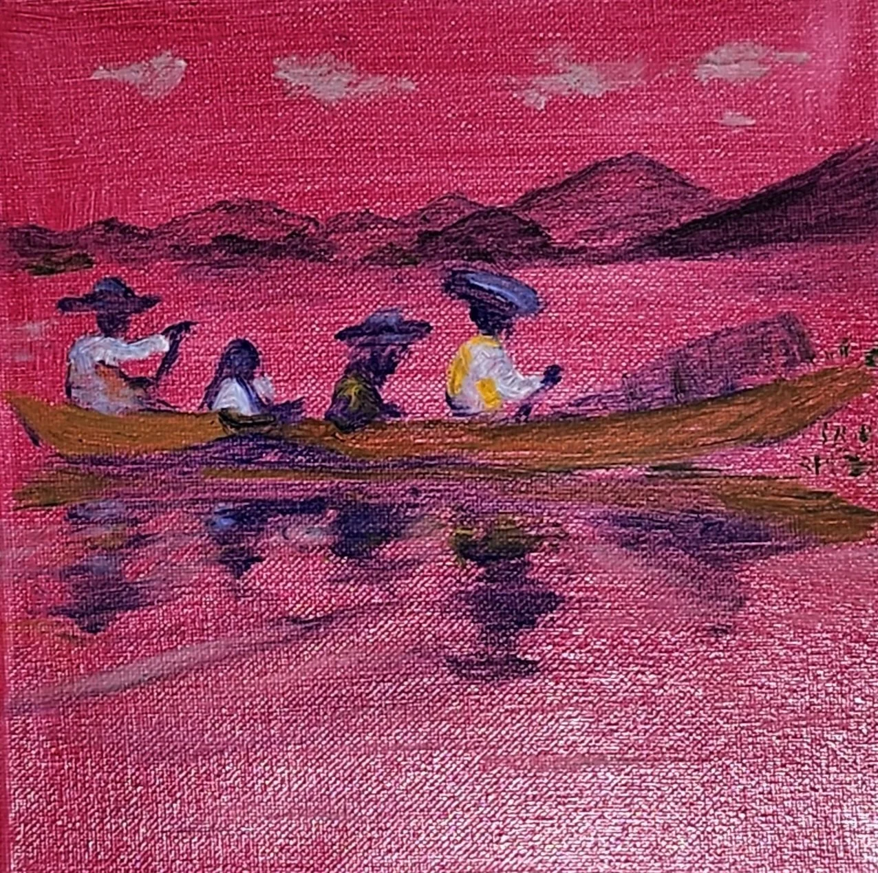 Painting of four people in a boat on a pink water body with mountain range in the background.