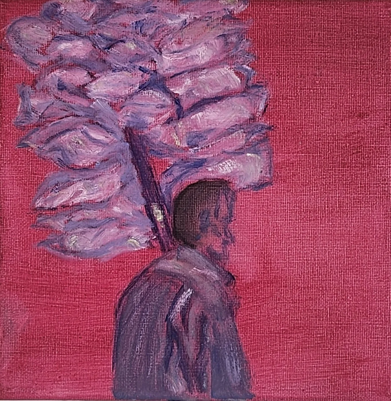 An abstract painting of a person with a large flower or cluster of flowers on their head, painted with purple and pink tones against a red background.