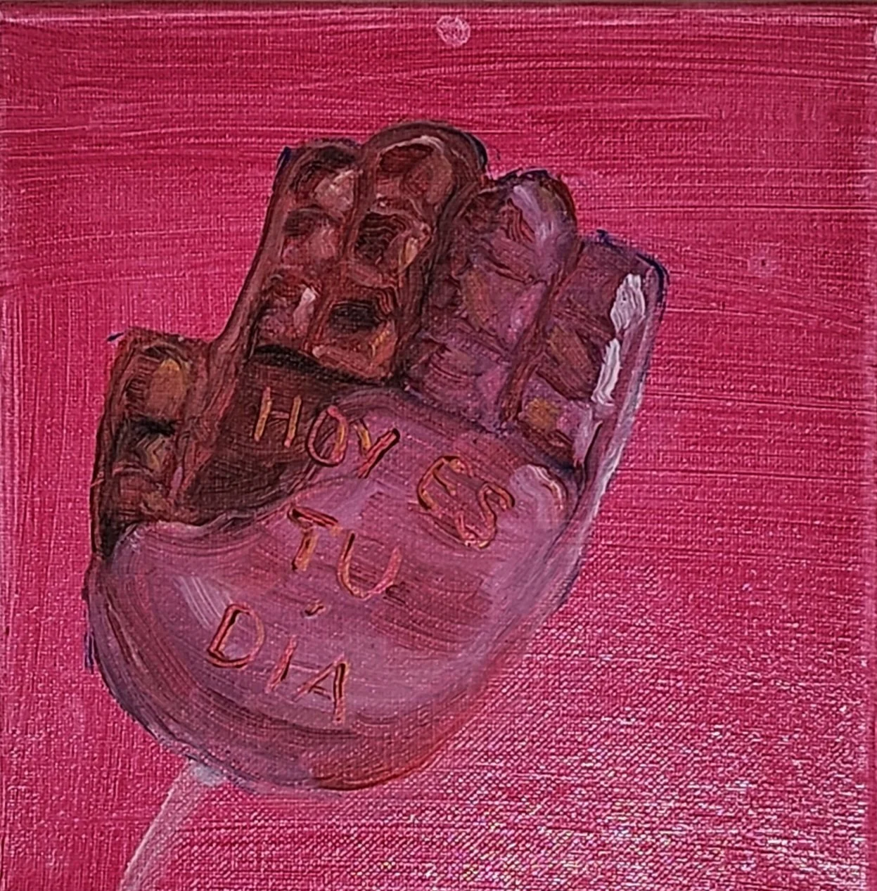 A painted image of a hand holding a pill bottle labeled 'Joy, Yes, Truth, Día' against a pink background.