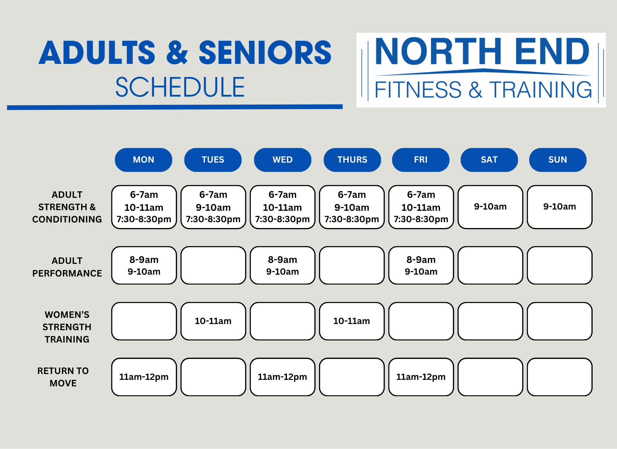 Schedule for adult and senior fitness classes at North End Fitness & Training, with classes from Monday to Sunday, including strength, conditioning, performance, women's strength training, and return to move sessions.
