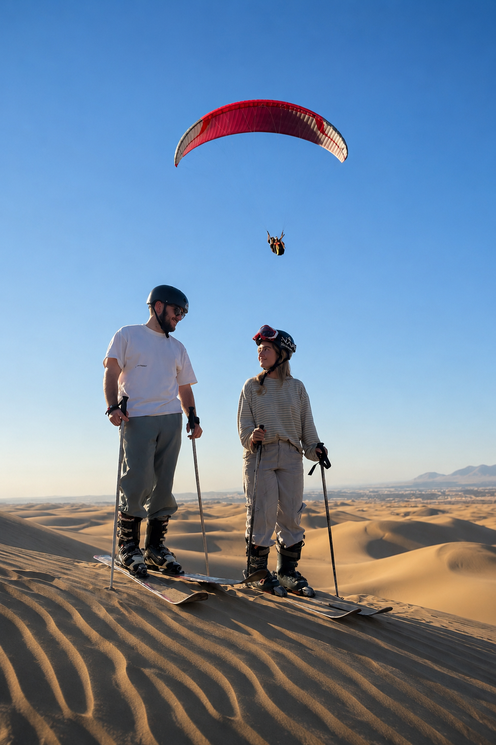 Dos personas con cascos y esquís en un desierto, un parapente en el cielo, en un paisaje con dunas y montañas al fondo.