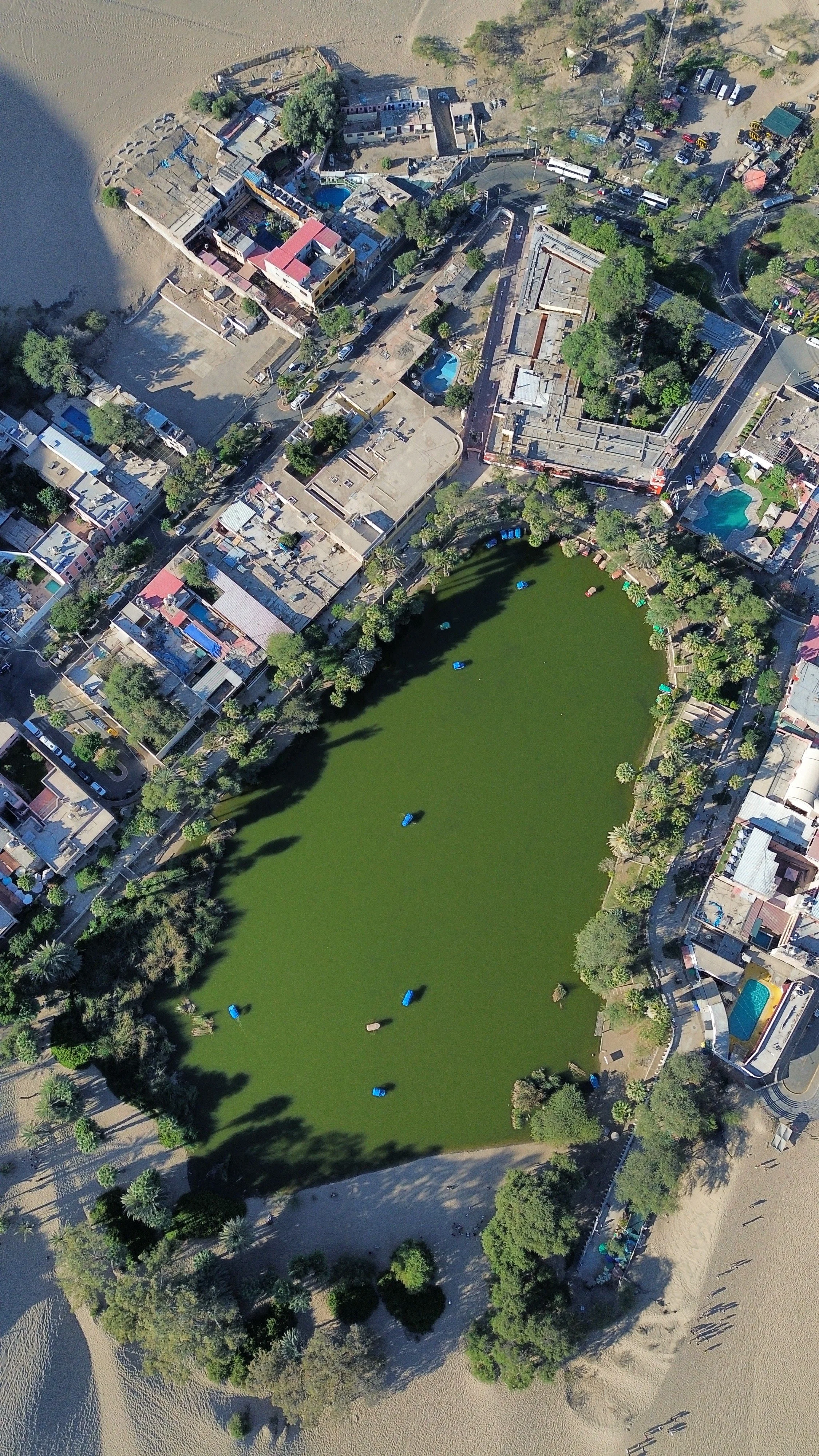 Vista aérea de una zona urbana con un oasis con algunas embarcaciones, áreas verdes y edificios residenciales, rodeada por arena y caminos.