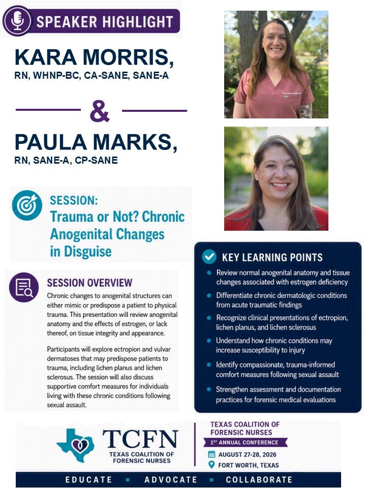 Next week you can find two of our wonderful forensic nurses - Executive Director Paula Marks and Nurse Practitioner Kara Morris - presenting at the first annual Texas Coalition of Forensic Nurses Conference in Fort Worth.

We're excited to meet with 
