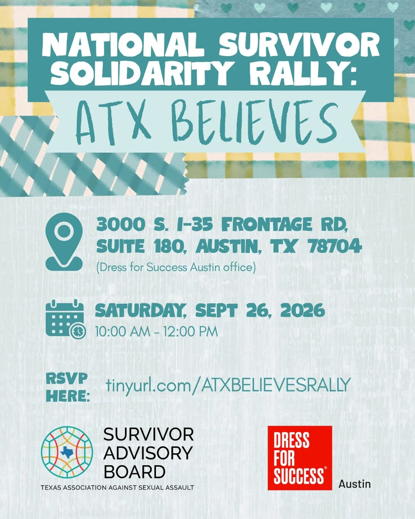 This Saturday!

Join us to stand with survivors of sexual violence during the National Survivor Solidarity Rally! We&rsquo;ll be at Dress for Success in Austin starting at 10 AM to talk about survivor care in Austin and hear from our community member