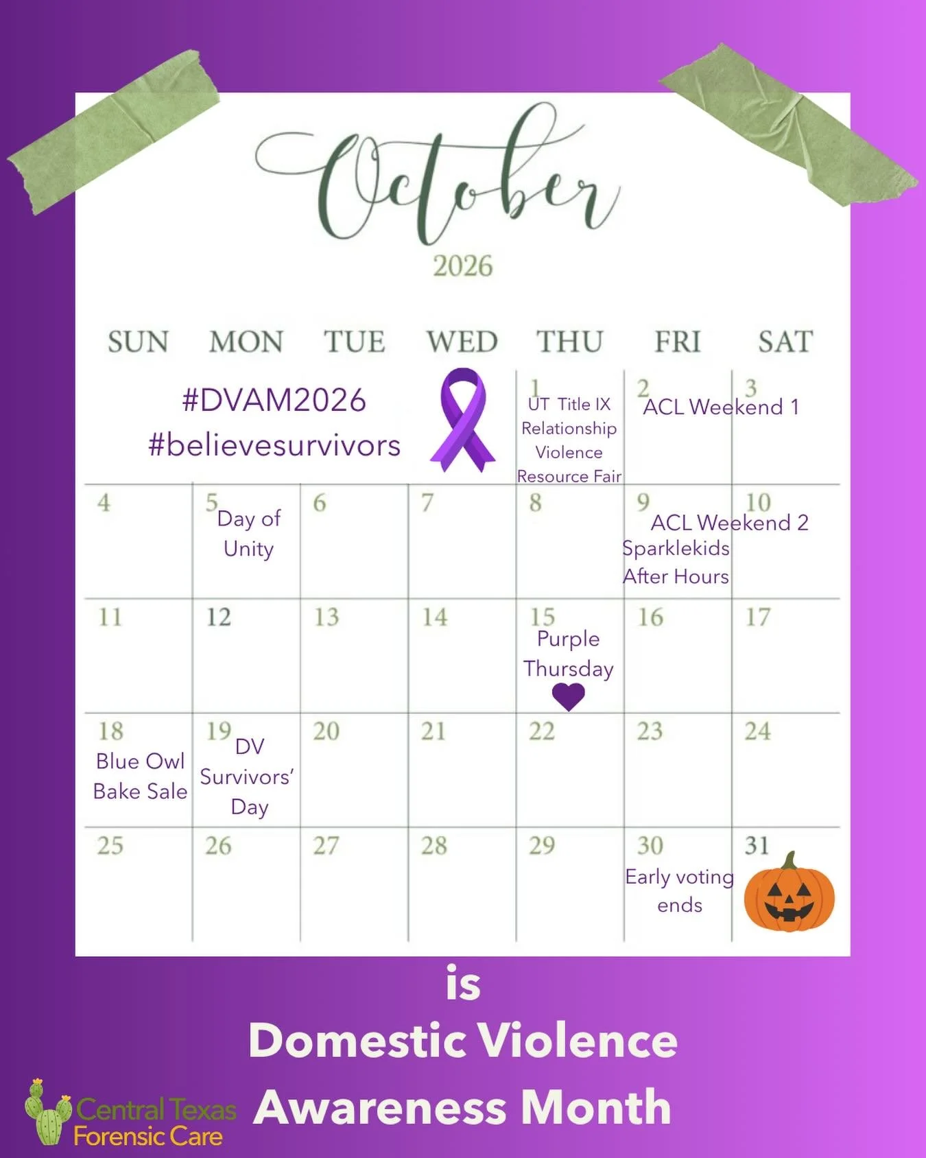October is domestic violence awareness month.

This and every month, remember:

💜Everyone knows someone
💜Be the safe person
💜#BelieveSurvivors every day

#DVAM2026