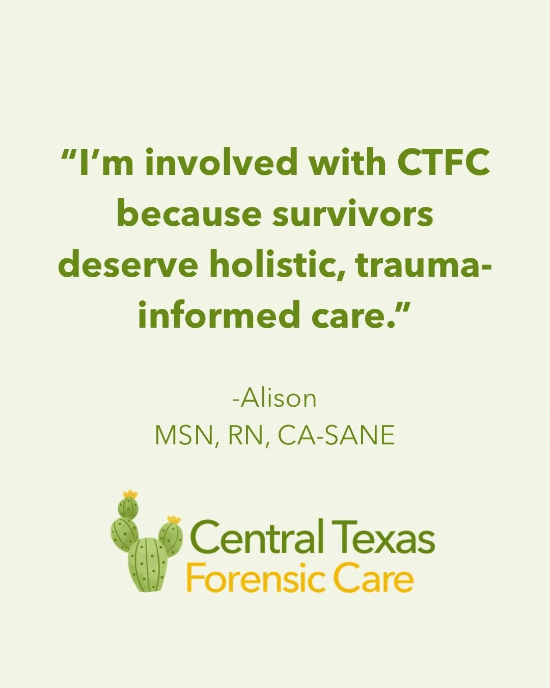 Meet Alison! 💚

With experience as both a forensic nurse and a community-based advocate, Alison brings a unique, comprehensive approach to patient care. In addition to being an excellent forensic nurse, she also works as a nursing educator with a ba
